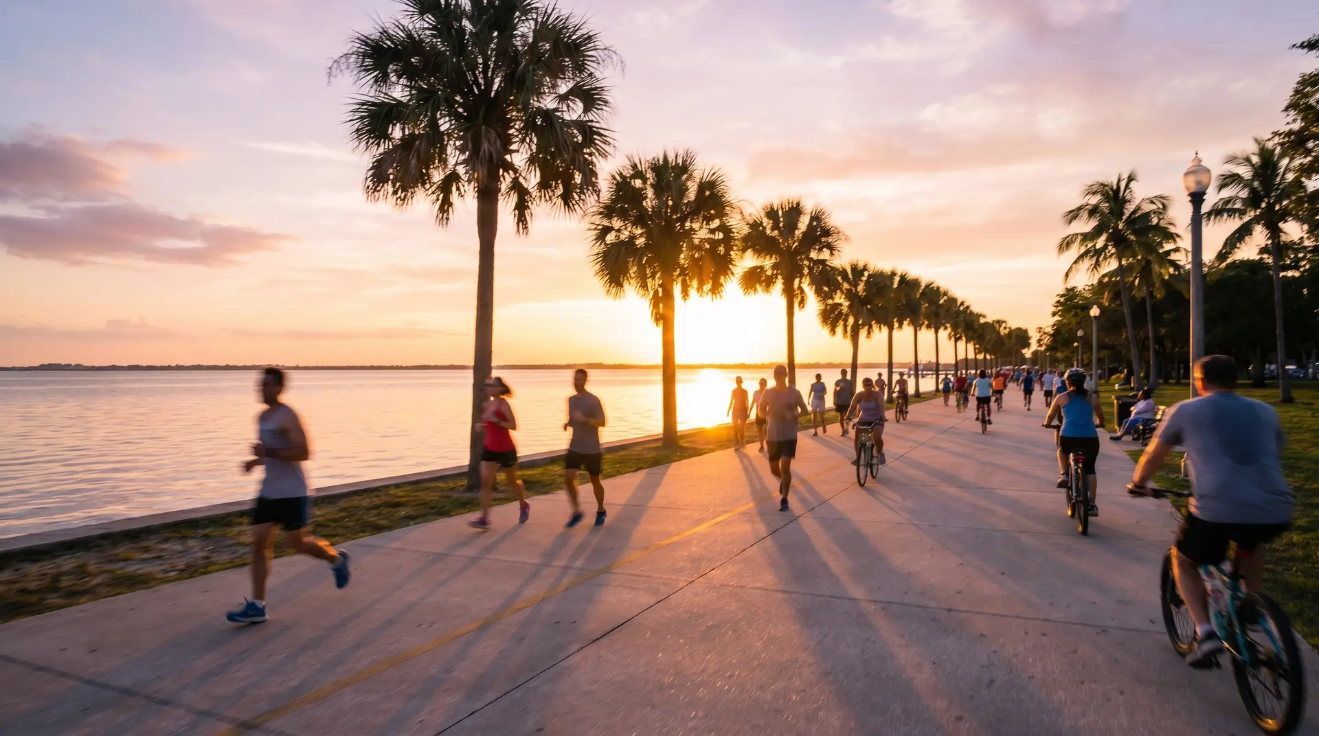 Joggers and cyclists along Bayshore Boulevard at sunset in Tampa, FL