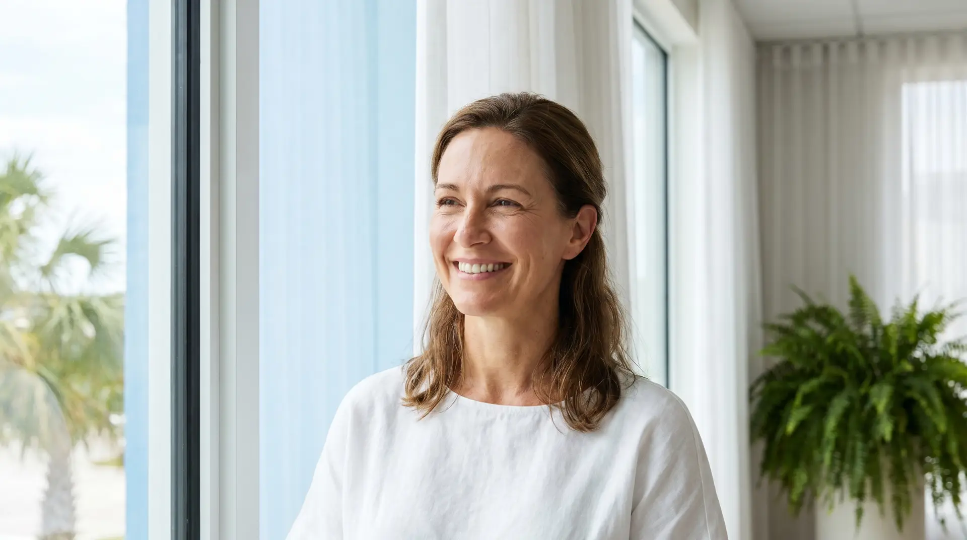 Woman with radiant, healthy skin smiling by a bright window