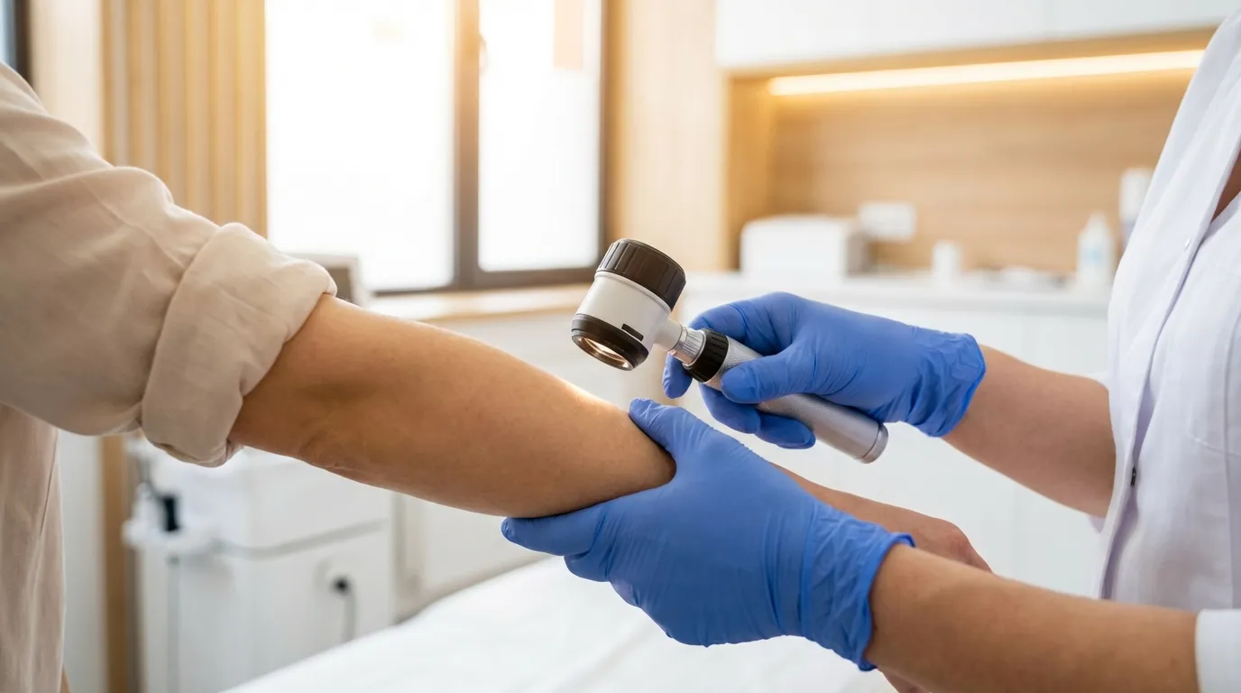 Dermatologist examining skin bump with dermatoscope