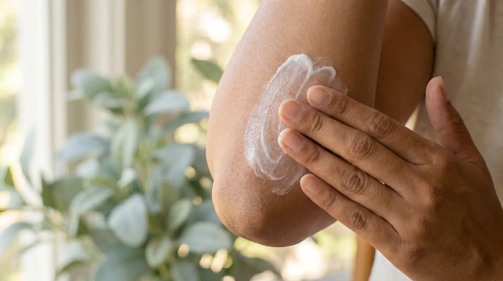 Smoothing moisturizer onto a dry elbow for eczema care in warm natural light