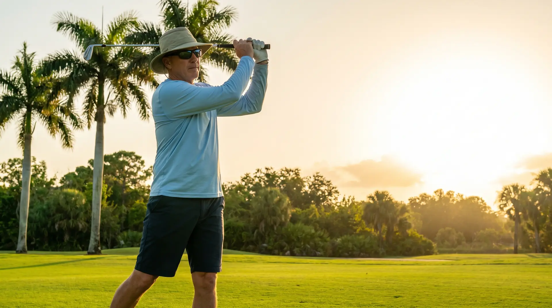 Man golfing in a sun-protective shirt and wide-brim hat under the Florida sun