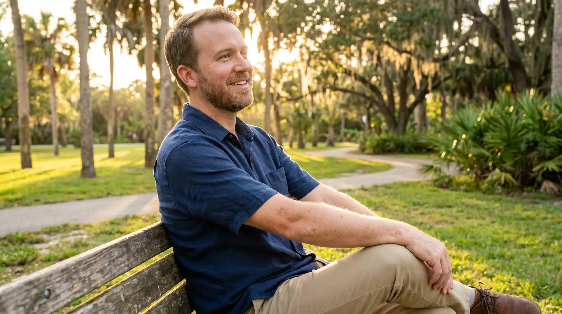 Man relaxing on a park bench in a Florida park with live oaks at golden hour