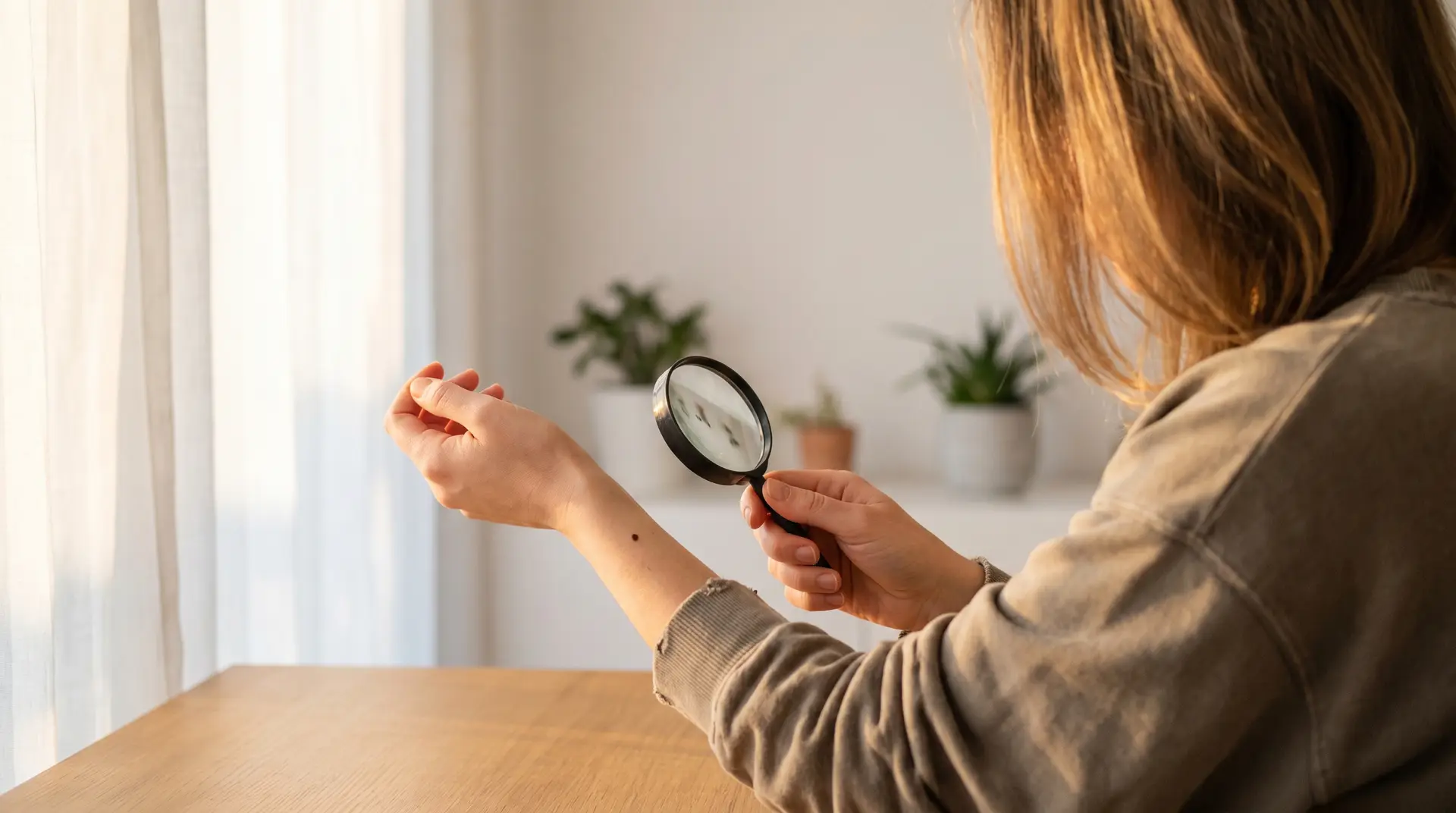 Woman examining a small mole on her arm with a magnifying glass in bright natural light