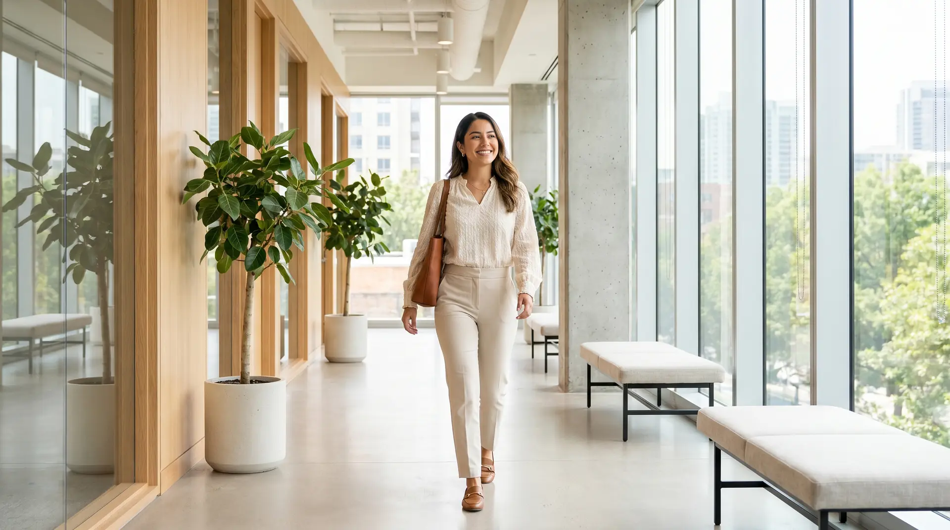 Professional woman walking confidently through a modern office hallway
