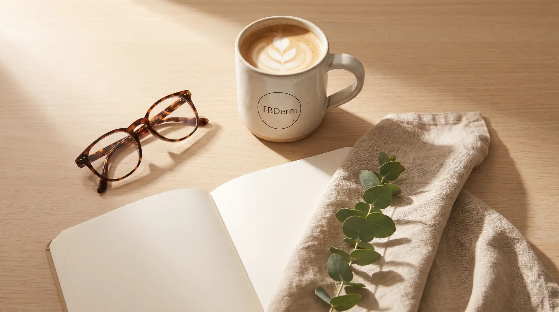 TBDerm branded coffee cup with latte art on a light wood desk with glasses journal and eucalyptus
