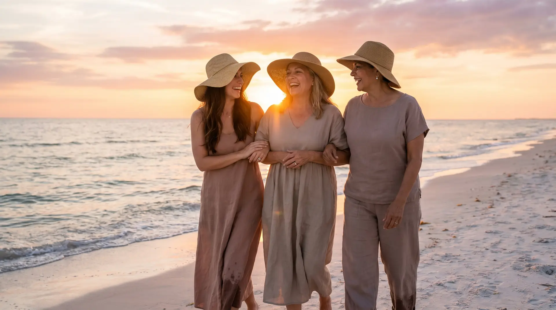 Three women of varied ages walking together along a calm Gulf coast beach at sunset