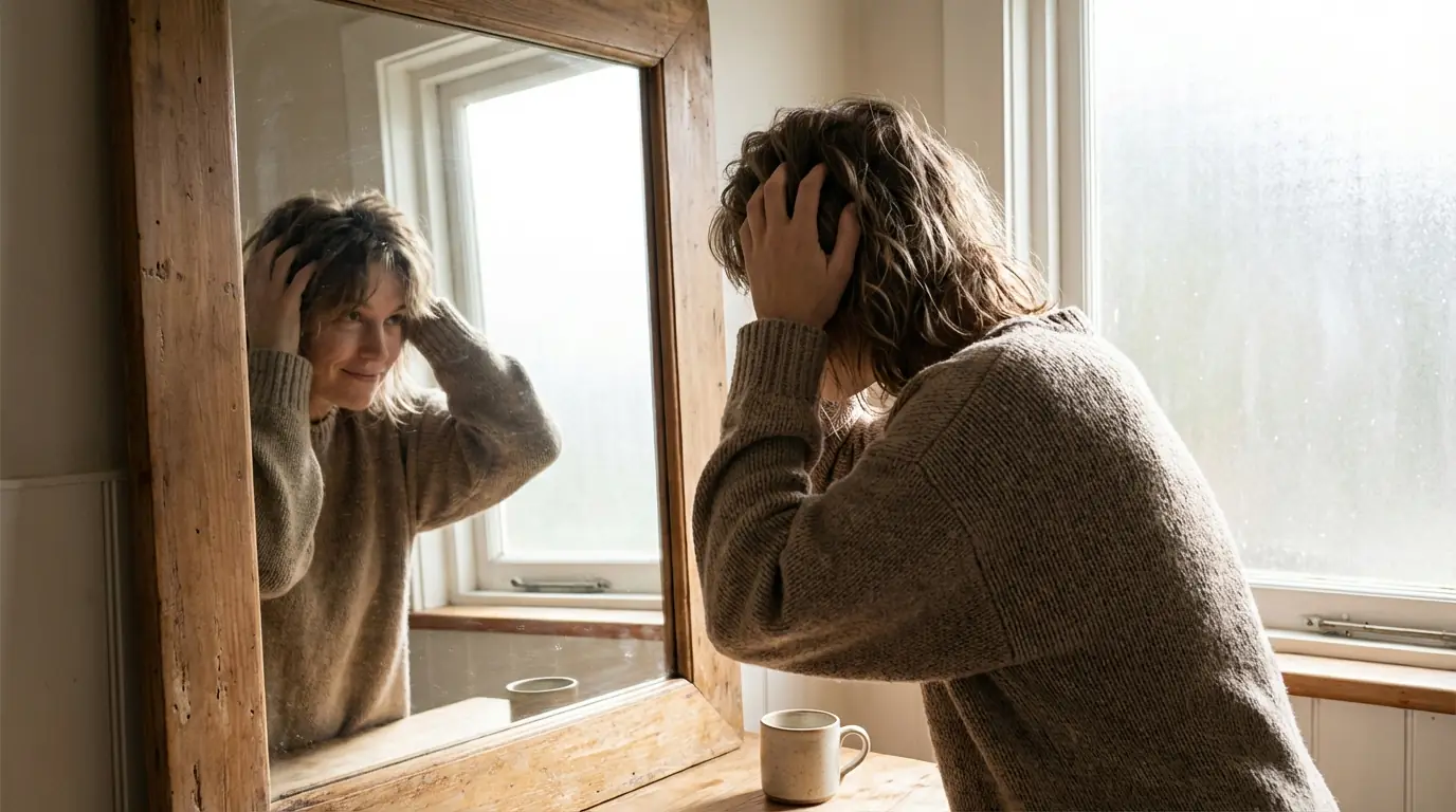 Woman running fingers through her hair while looking in a mirror, considering hair loss treatment